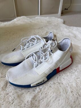 adidas White Knit Sneakers with Blue and Red Midsole Accents